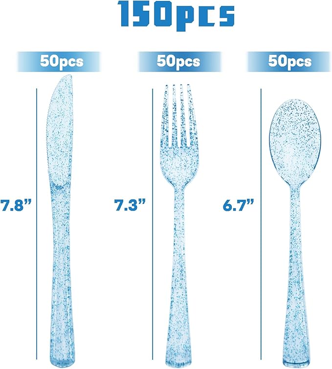 150 Pack Blue Plastic Silverware, Blue Glitter Silverware Plastic Utensils Set Includes 50 Forks, 50 Knives, 50 Spoons for Brithday, Baby Shower, Picnic