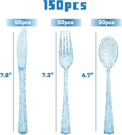150 Pack Blue Plastic Silverware, Blue Glitter Silverware Plastic Utensils Set Includes 50 Forks, 50 Knives, 50 Spoons for Brithday, Baby Shower, Picnic
