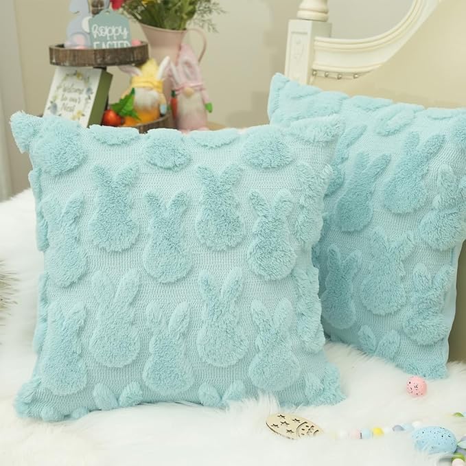 GEEORY Easter Bunny Soft Plush Pillow Covers, 18 x 18 Inch Set of 2, Fluffy Faux Fur Wool Decorative Farmhouse Cushion Case for Sofa Home Decoration Blue GC014-18