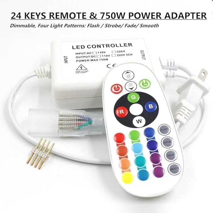 5050 RGB LED Strip Lights AC 110V Home Decoration Multi-Colors/Dimmable/Multi-Modes/Waterproof/Flexible LED Rope Light with Remote (32.8ft/10m)