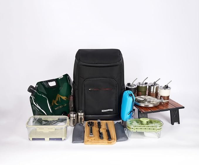 Picnic Backpack Set with Fold Table, Water Bag, Cooler Ice Box & Stainless Steel Utensils - Portable Outdoor Camping Gear for Family Picnics & Hiking (Black, A-4 Person)