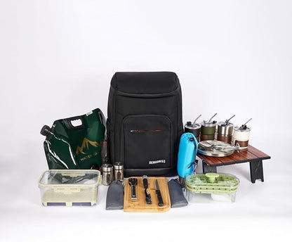 Picnic Backpack Set with Fold Table, Water Bag, Cooler Ice Box & Stainless Steel Utensils - Portable Outdoor Camping Gear for Family Picnics & Hiking (Black, A-4 Person)