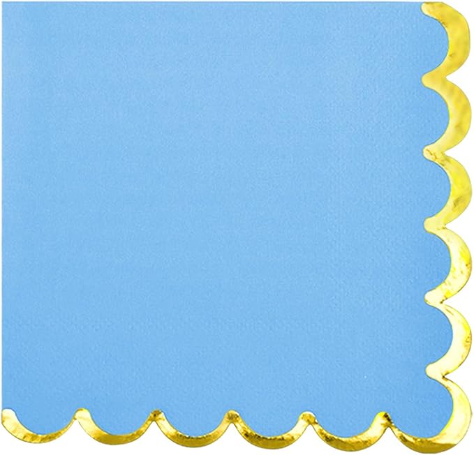 200 Pack Blue Paper Napkins Gold Foil Scalloped Cocktail Napkins Blue Disposable Beverage Napkins for Blue Themed Party Supplies Birthday Baby Shower Wedding Dinnerware Tableware Decorations