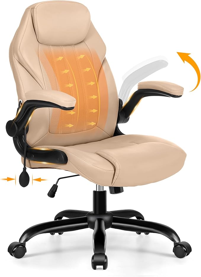 Office Desk Chair, Ergonomic Computer Chair with Padded Flip-Up Arms and Adjustable Lumbar Support, PU Leather Executive Chair with Tilt Lock and 360° Swivel Rolling Wheels for Work, Study