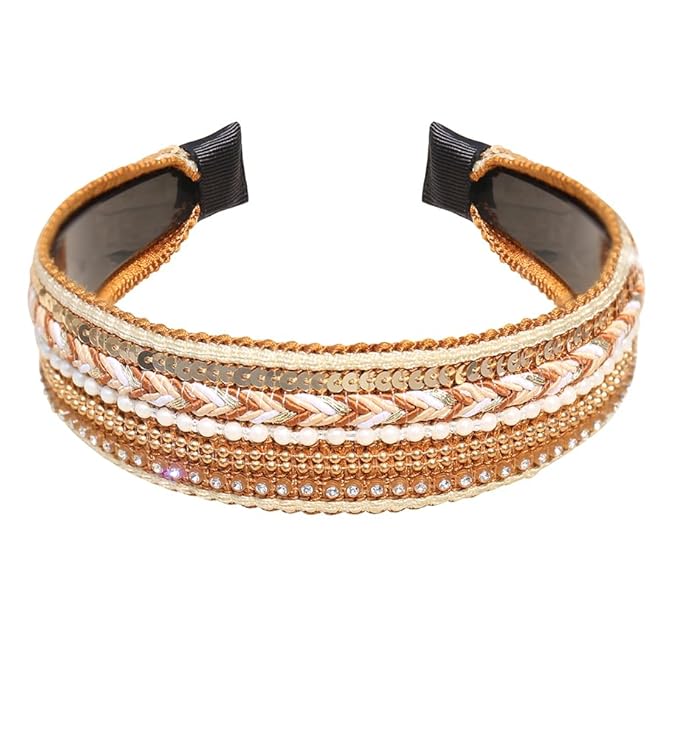 Women's Boho Sequin Pearls Headbands for Women Non Slip, Girls Sparkly Wide Hair Accessories Christmas Gift (Boho Yellow Wide)