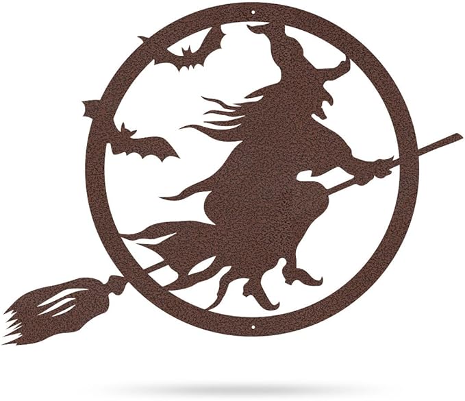 RealSteel Witch Halloween Decoration - Metal Broom Riding Décor - Scary Indoor Outdoor Wall Sign for Haunted Houses - Wicked Witch Flying Porch Art - Flying Bats Front Door Art (12, Orange)