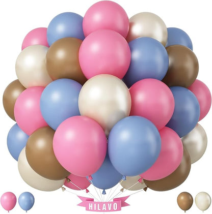 Pink Blue Balloons 60 Pcs Dusty Pink Blue Brown Balloons 12 Inch Retro Slate Blue Pink Tan Khaki Brown White Sand Balloon for Boho Gender Reveal Boys or Girls Baby Shower Birthday Party Decorations