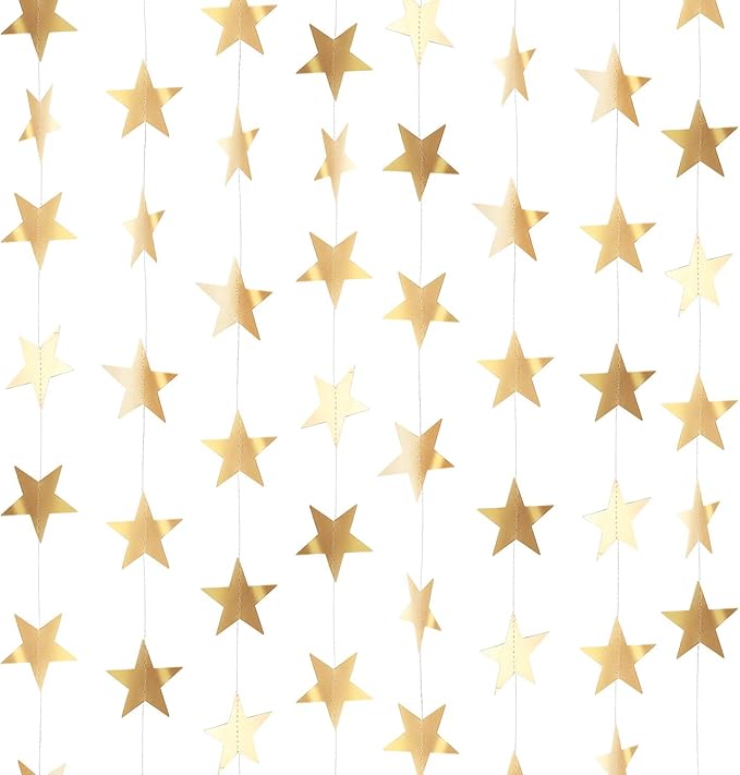 Patelai Glitter Star Garland Banner Christmas Decor 130 Feet Star Hanging Bunting Banner Twinkle Backdrop for Homecoming Classroom Wedding Birthday Halloween Party Supplies(Champagne Gold)