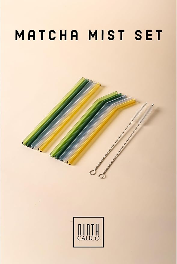 10 Pcs Matcha Reusable Glass Drinking Straws, Colorful and Durable Glass Straws for Beverages, Smoothies, Iced Coffee, Juice, Set of 10-5 Straight, 5 Bent, 2 Cleaning Brushes (Matcha Mist Set)