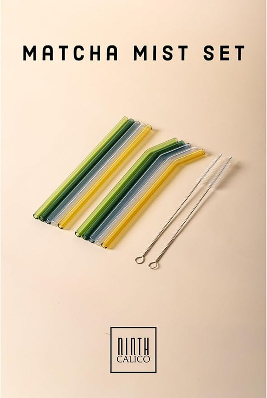 10 Pcs Matcha Reusable Glass Drinking Straws, Colorful and Durable Glass Straws for Beverages, Smoothies, Iced Coffee, Juice, Set of 10-5 Straight, 5 Bent, 2 Cleaning Brushes (Matcha Mist Set)