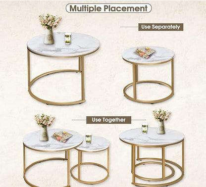aboxoo Coffee Table Nesting White Set of 2 Side Set Golden Frame Circular Round and Marble Pattern Wooden Tables, Living Room Bedroom Apartment Modern Industrial Simple Nightstand
