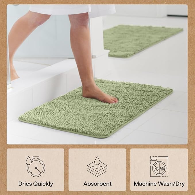 GORILLA GRIP Bath Rug Mat 60x17, Soft Absorbent Chenille, Quick Dry Microfiber Mats, Rubber Backing Washable Shower Floor Rugs, Bathmat Runner, US Designed Bathroom Home Decor Accessories Sage Green