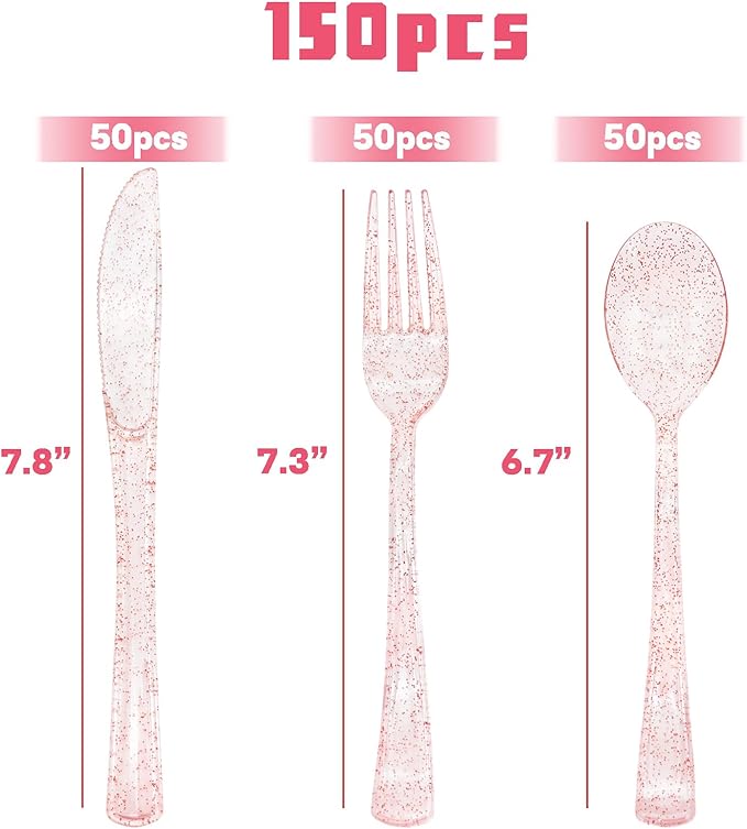 150 Pack Pink Glitter Plastic Silverware Disposable, Baby Shower Cutlery, 50 Pink Forks, 50 Rose Gold Spoons, 50 Rose Gold Knives for Brithday, Wedding, Baby Shower