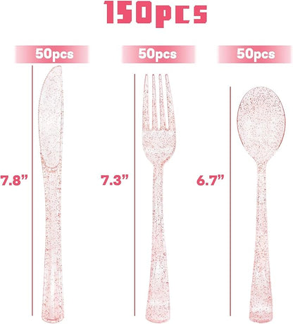 150 Pack Pink Glitter Plastic Silverware Disposable, Baby Shower Cutlery, 50 Pink Forks, 50 Rose Gold Spoons, 50 Rose Gold Knives for Brithday, Wedding, Baby Shower