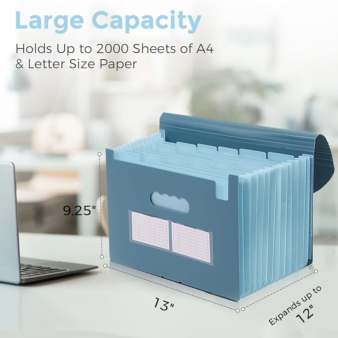 SKYDUE Accordion File Organizer, Expanding File Folder with 13 Pockets, Portable Document Paper Bill Receipt Organizer, Home School Office Supplies, Letter A4 Size Haze Blue