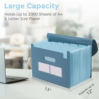 SKYDUE Accordion File Organizer, Expanding File Folder with 13 Pockets, Portable Document Paper Bill Receipt Organizer, Home School Office Supplies, Letter A4 Size Haze Blue