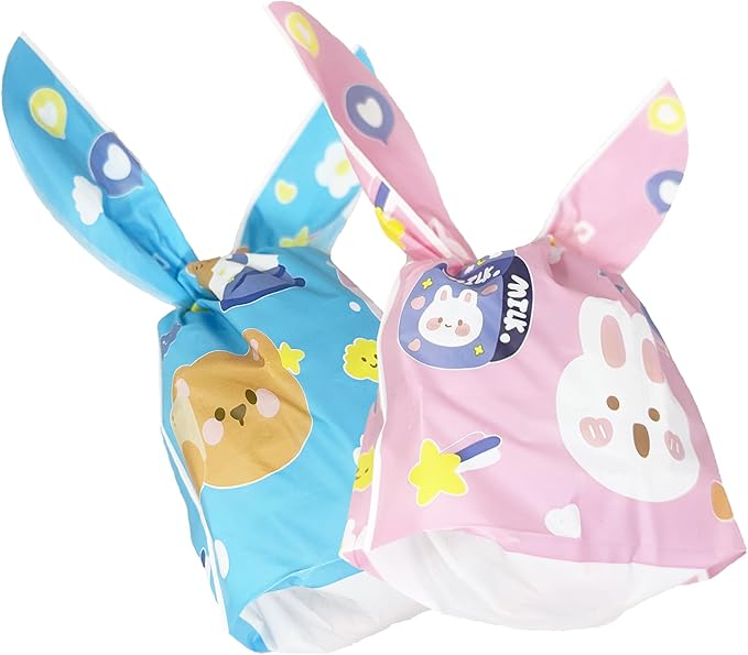 FERENLI 50 Pack Reusable Easter Gift Bags with Bunny Ears Goodie Treat Plastic Snack Candy Bags for Rabbit Bunny Birthday Party Favor Supplies (2 Mixed Colors, 7.1x11.8 inch(18x30 cm))