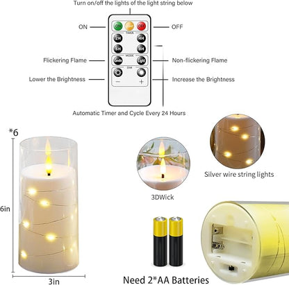 Amber Flickering Flameless Candles with Remote Timer, 6 pcs LED Battery Operated Candles with String Lights, Same Size D3 H6