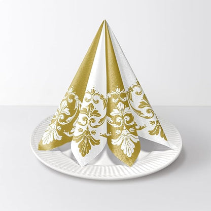 PAW - 50 Pieces Linen-Feel Paper Paper Napkins 16" x 16", Disposable Cloth-Like Napkins with Reverse Gold Design, Dinner Napkins for Party, Wedding, Christmas