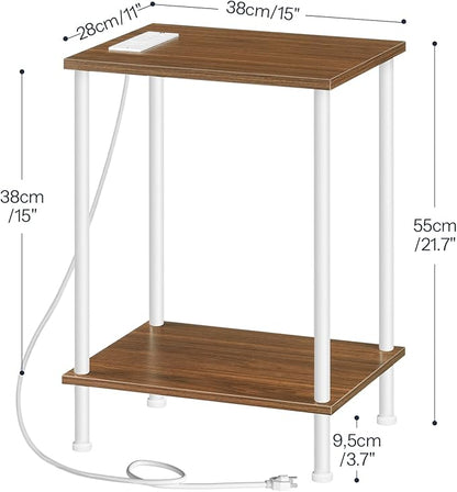 HOOBRO Side Table with Charging Station, Set of 2 End Table with USB Port and Outlets, Nightstand with 2-Layer Storage Shelves for Small Spaces, Living Room, Bedroom, Walnut and White WH09UBZP201