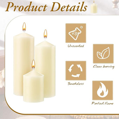 MTLEE 6 Pcs Pillar Candles 3 Set 2 in x 3, 6, 8 Inch Smokeless Dripless Unscented Pillar Candles Long Clean Burning Wax for Wedding Dinner Party Spa Emergency Ceremony Home Decor (Ivory White)