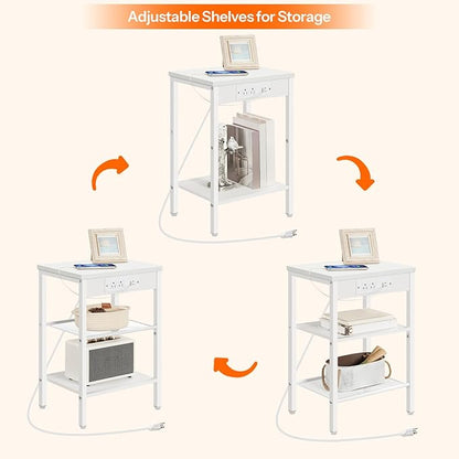 HOOBRO Side Table with Charging Station and USB Port, Small End Table for Small Space, 3-Tier Nightstand with Adjustable Shelf, for Living Room, Bedroom and Balcony, White WW112BZ01