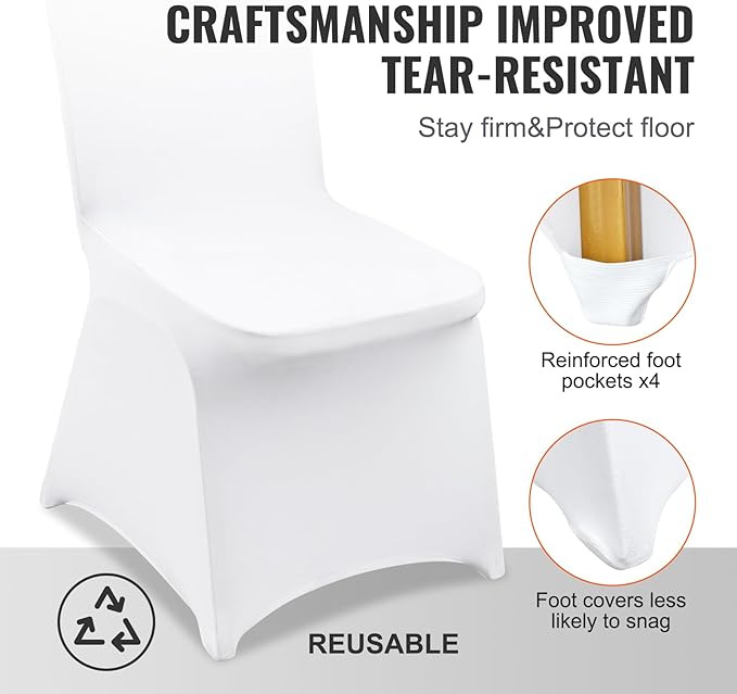 VEVOR 200 Pcs Flat-Front Chair Covers Polyester Spandex Chair Cover Stretch Slipcovers, Wedding, Holiday, Banquet, Party, Celebration, Dining, White