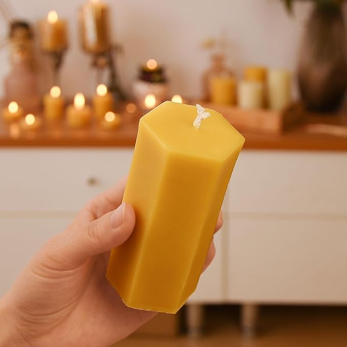 6PCS Hexagon Beeswax Pillar Candles,Large Handmade Pure Beeswax Candle,Unscented Smokeless，2 * 4",18H, Raw