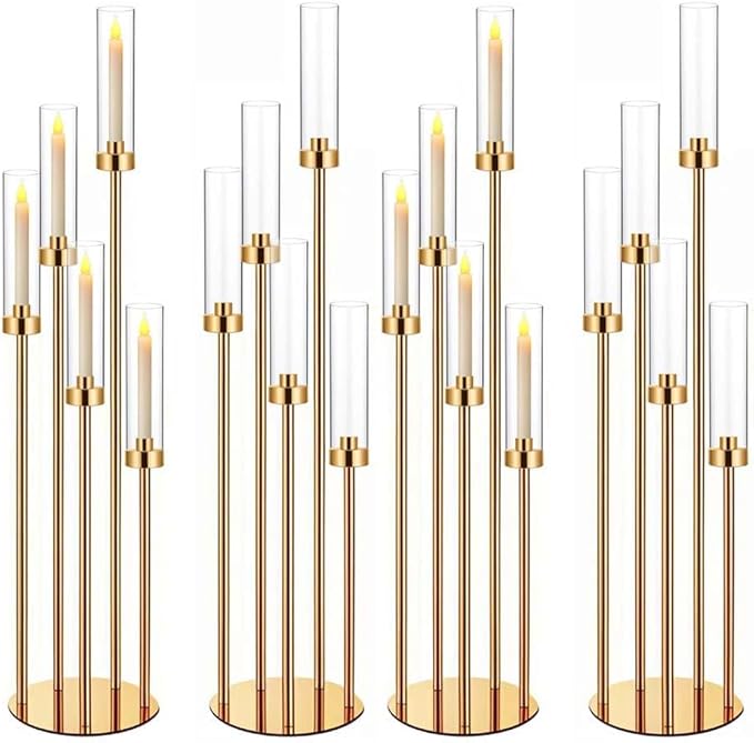 42.5in Gold Candelabra centerpieces for Tables Candelabra Candlestick Holders Decor Wedding Centerpiece Table Decorations 5 arm Candle Holder Set of 4 Acrylic lampshade Fit 0.9" LED Candle