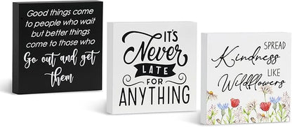 3 Pcs Inspirational Wood Box Sign Set, 5x5 Inches Motivational Quotes Wooden Blocks, Rustic Table Centerpiece Decorations