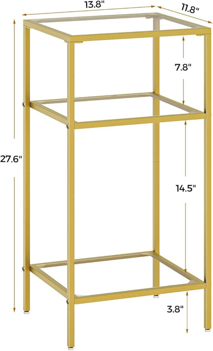 Homhedy 3-Tier Side Tables Set of 2, End Tables with Tempered Glass, Nightstands with Storage Shelves, Slim Sofa Tables for Living Room, Bedroom (2, Golden)