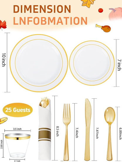 175PCS White and Gold Plastic Plates - Christmas Plates with Rolled Napkins for Party - 25Guest Disposable Dinnerware Sets for Party/Christmas/Wedding
