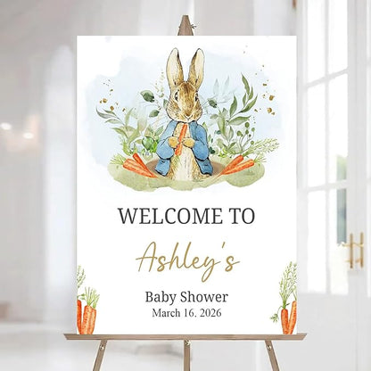 Personalized Bunny Rabbit Baby Shower Welcome Sign for Girl, Pink Peter Rabbit Theme, Greenery Bunny baby shower sign, Gift for Boys & Girls, Gender Reveal Decor, Birthday Party Favors (Style 22)