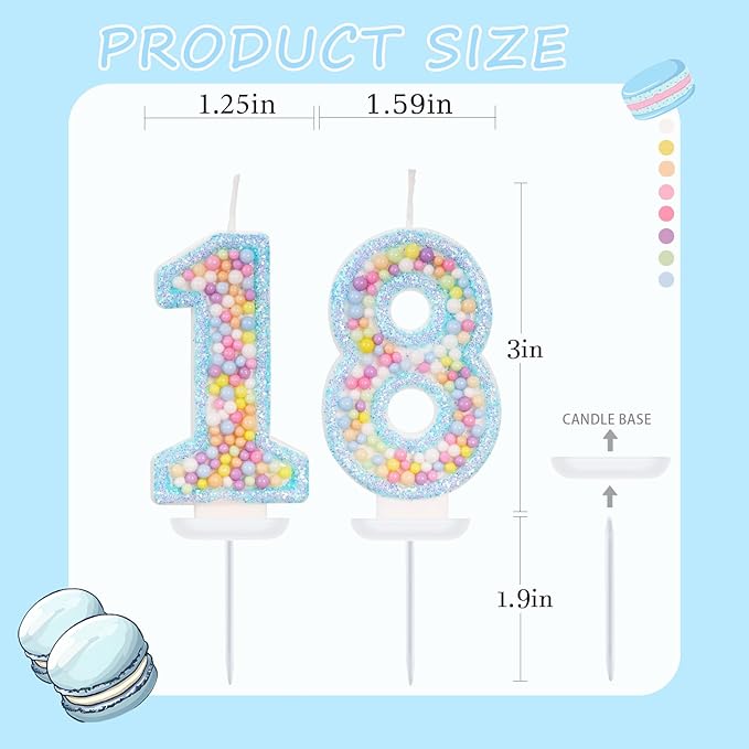Blue Birthday Candles - Number 18 Candle, Colorful Macaron Candles, 18 Birthday Decorations for Girls Boys, Cake Decorations, Theme Party Supplies (Blue)