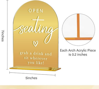 Acrylic Wedding Sign, Bridal Shower Decorations, Open Seating Sign for Ceremony, Modern Font Table Signs, Gold Mirror Arched Acrylic Tabletop Signs for Wedding Reception and Event Party