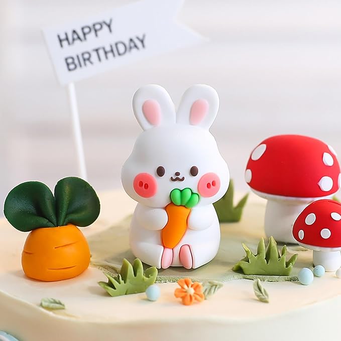 Cute Carrot Rabbit Theme Cake Topper Birthday Cake Decorations,Bunny Birthday Cake Toppers Cake Decor Mushrooms Carrots Cupcake Topper Jungle Animals Cupcake Toppers Birthday Party Supplies