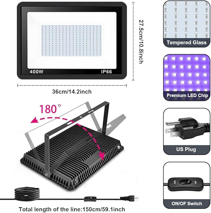 2 Pack 400W LED Black Lights, Outdoor 395nm Black Flood Light with Plug and Switch, IP66 Waterproof Blacklight Spotlight UV Neon Glow Floodlight for Glow Party, Halloween, Body Paint