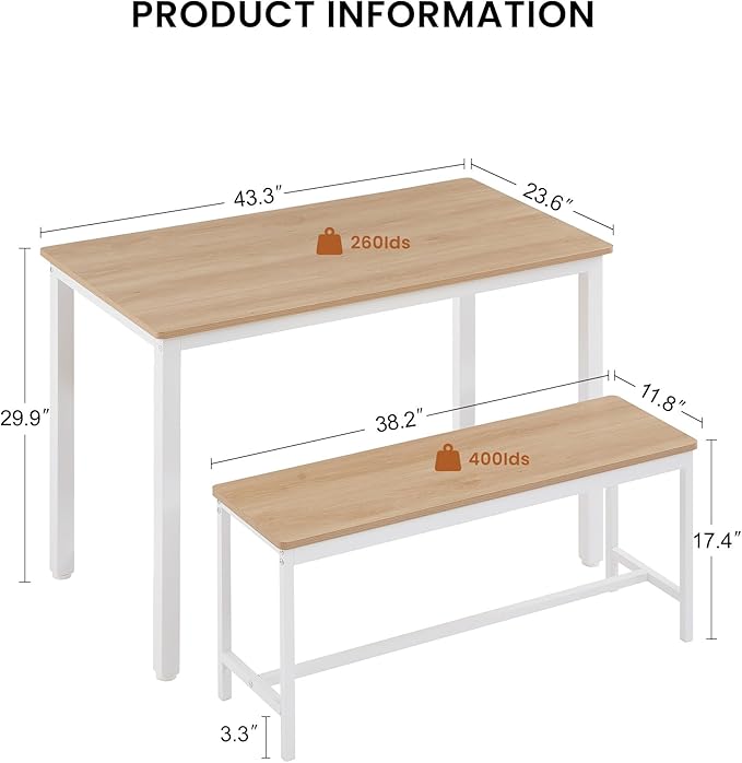 Dining Table Set for 4, Kitchen Room Table Set with 2 Benches, 3-Piece Dining Chairs Set for Breakfast Nook, Original