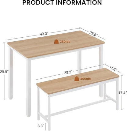 Dining Table Set for 4, Kitchen Room Table Set with 2 Benches, 3-Piece Dining Chairs Set for Breakfast Nook, Original