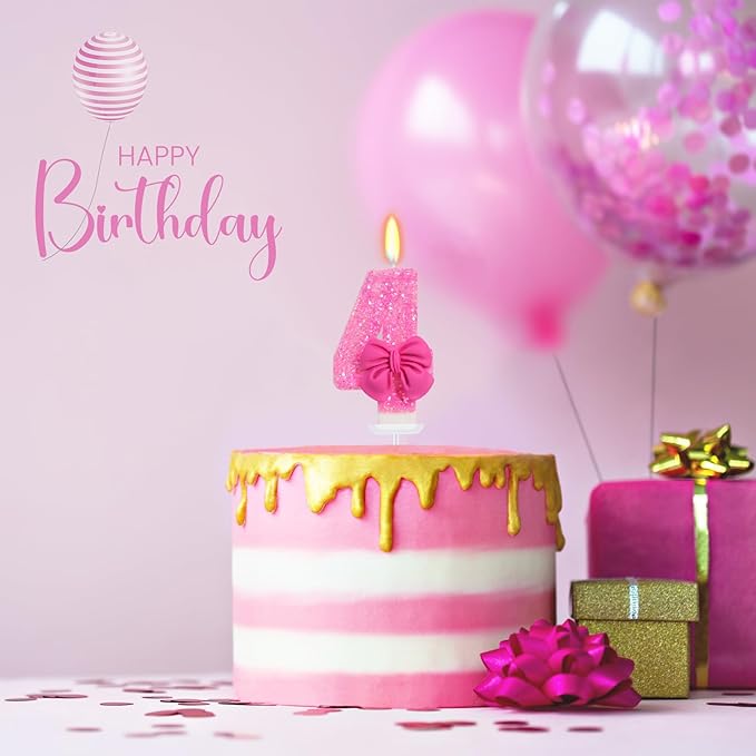 Birthday Candle for Cake, Rose Bow Number Cake Candles, 2.76 inch Number Happy Birthday Candle, Cake Topper Decoration for Birthday Party (Number 4)