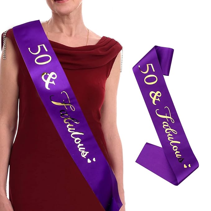 Purple 50th Birthday Gifts for Women, 50th Purple Birthday Decorations Women, 50th Birthday Sash, 50th Birthday Tiara, 50th Birthday Crown, Purple Crowns for Women, 50th Birthday Sash and Tiara for Women, Happy 50th Birthday Party Favors Cake Topper