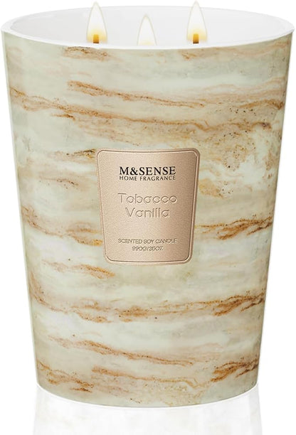 M&SENSE Extra Large Candle 35oz 150H TobaccoVanilla Scented, 3 Wick Highly Scented Jar Candles, XL Large Christmas Gift Candle for Women, Long Lasting Burning for Holiday, Thanksgiving, Christmas