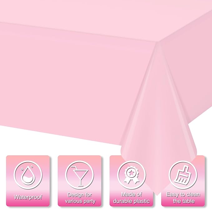 MASHAN 12 Pack Plastic Pink Tablecloths Disposable Pastel Pink Table Cloth Rectangle Table Covers for Valentines Day Bridal Engagement Wedding Galentines Party Decorations,54 x 108 Inch