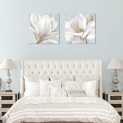 SEVEN WALL ARTS White Magnolia Wall Art Flower Artwork Floral Canvas Paintings Vintage Nature Botanical Painting Farmhouse Artwork Wall Decor for Bedroom Living Room Bathroom Office 24"x 24" x2pcs
