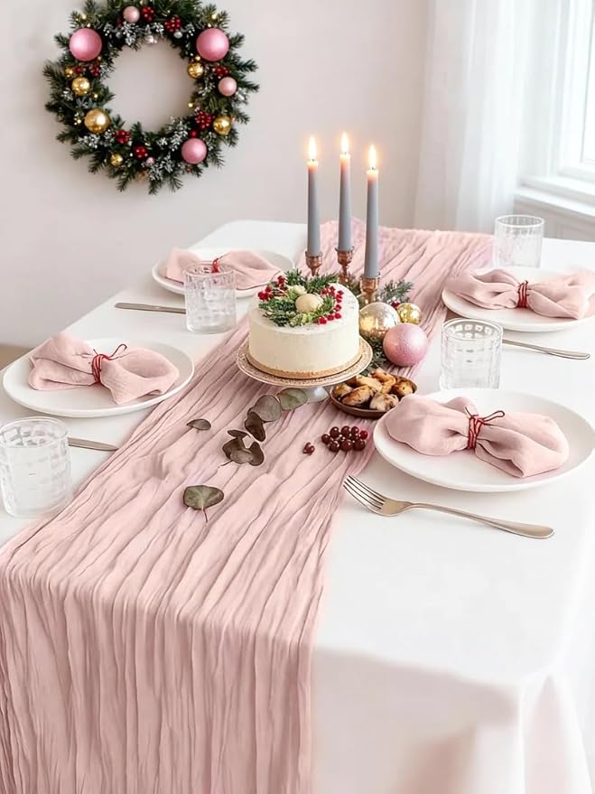 10 Pack Dusty Pink Cheesecloth Table Runners 35x120 Inches, 10FT Fall Thanksgiving Table Runner Boho Gauze Cheese Cloth Table Runner for Wedding Baby Shower Birthday Party Christmas Decor