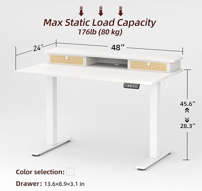 TIQLAB Standing Desk with Two Drawers, Stand Up Standing Desk Adjustable Height, Electric Sit Stand Table with Storage Shelf and Splice Board, 48 * 24 inch, White Wicker