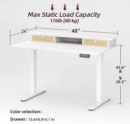 TIQLAB Standing Desk with Two Drawers, Stand Up Standing Desk Adjustable Height, Electric Sit Stand Table with Storage Shelf and Splice Board, 48 * 24 inch, White Wicker