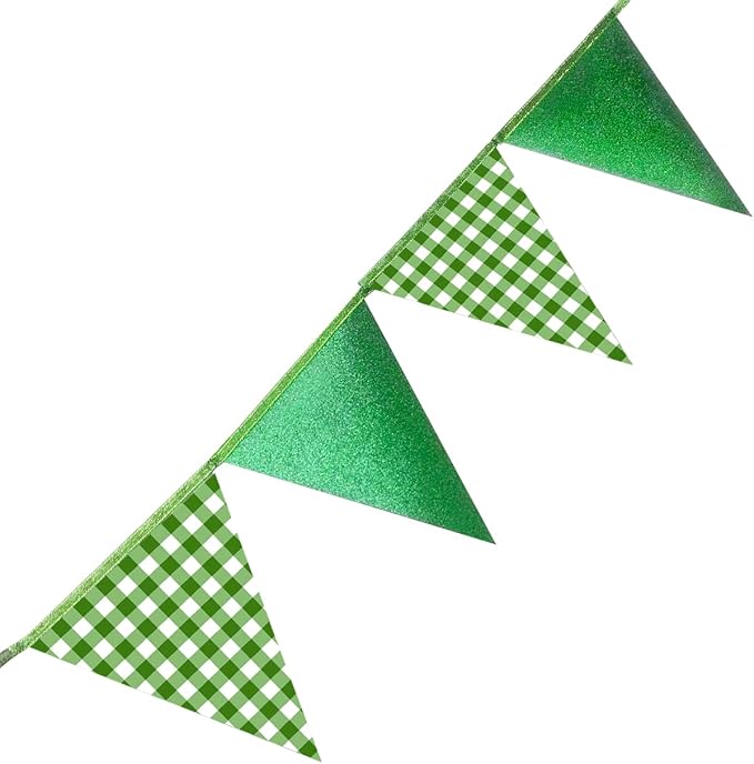 Glitter Green Party Pennant Banner Flag Green Buffalo Plaid Hanging Paper Triangle Bunting for Birthday Baby Shower Christmas Holiday Wedding Bridal Shower St Patrick's Day Party Decorations Supplies