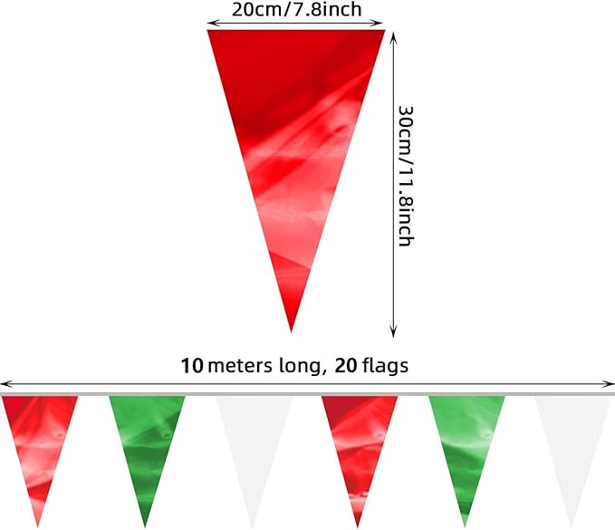 130FT White Green Red Glitter Triangle Pennant Banner Flag Metallic Bunting Fabric Garland for Christmas Italy Mexican Birthday Baby Shower Wedding Banners,New Years Winter Decor Ouruola