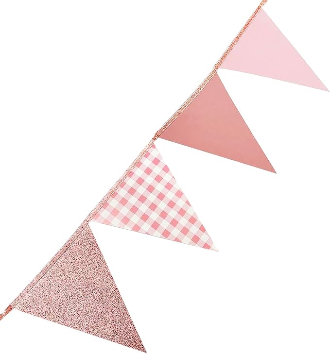 Dusty Rose Pink Buffalo Plaid Rose Gold Party Decorations Pennant Banner Flag Hanging Glitter Paper Triangle Bunting for Women Girls Birthday Baby Shower Wedding Bridal Shower Hen Party Supplies